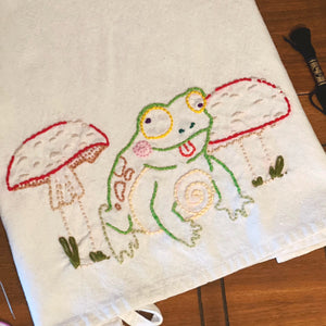 Frog and Mushroom Hand Embroidered 100% Cotton Natural Dish Towel