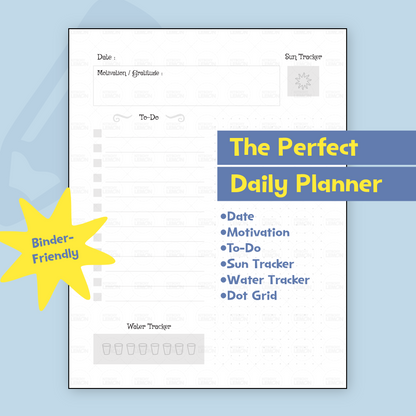 Daily planner with features on a light blue background