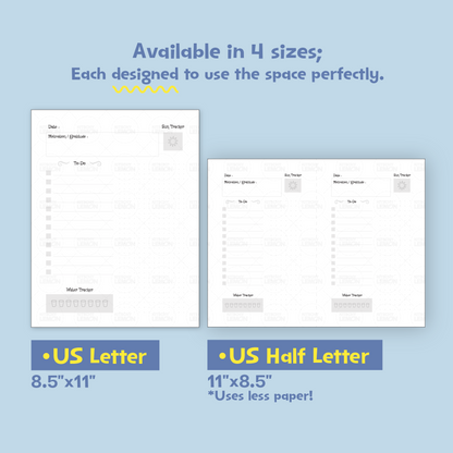 Two planner pages with text indicating available sizes on a light blue background