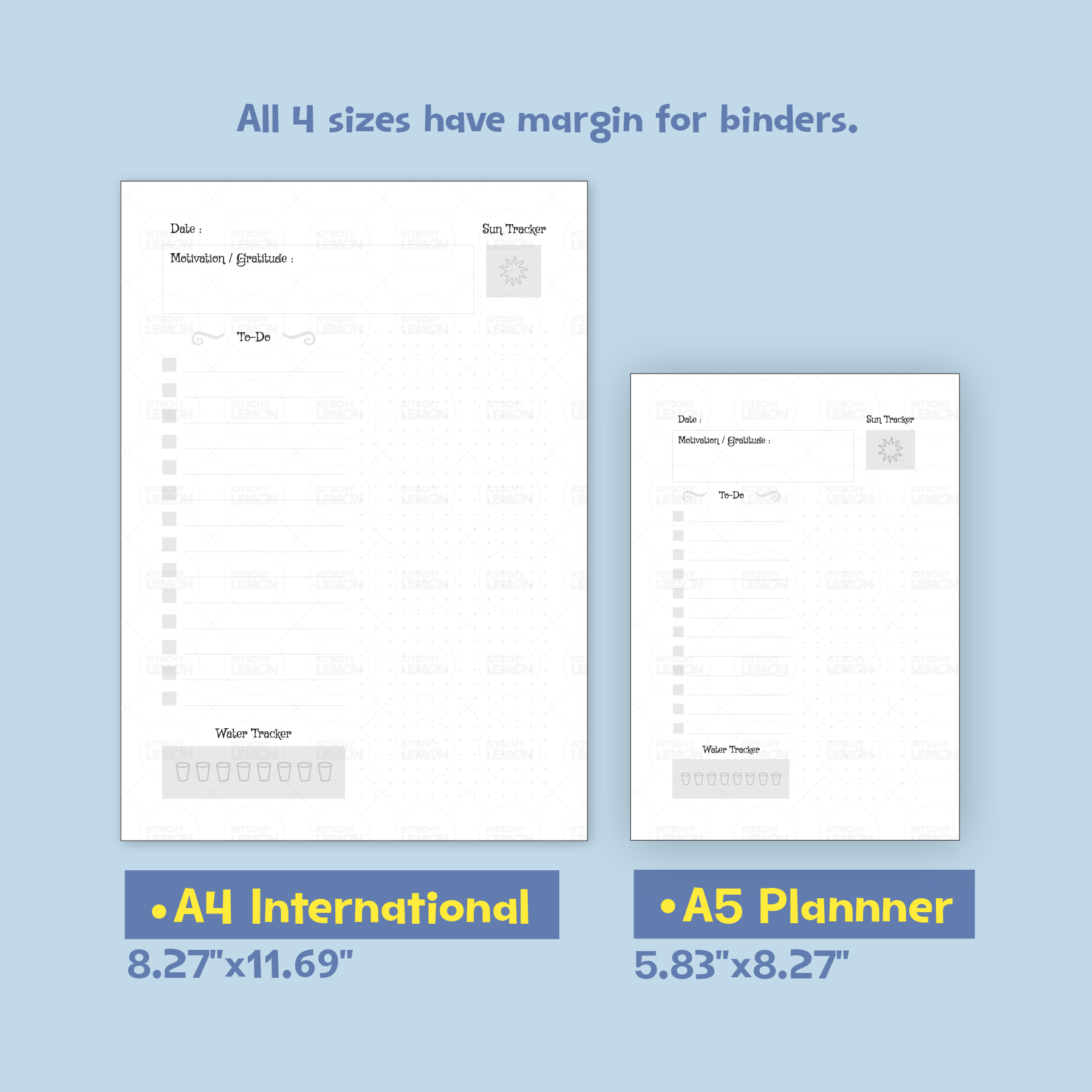 Two planner pages with text indicating margin for binders and size specifications on a light blue background.