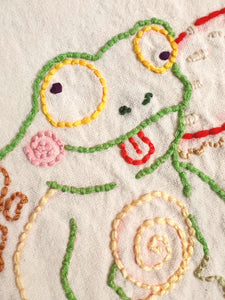 Frog and Mushroom Hand Embroidered 100% Cotton Natural Dish Towel
