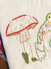 Load image into Gallery viewer, Frog and Mushroom Hand Embroidered 100% Cotton Natural Dish Towel
