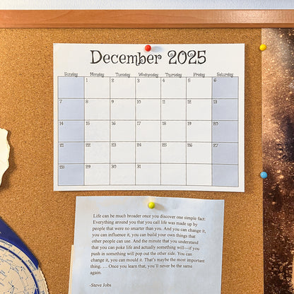 Calendar for December 2025 pinned to a cork bulletin board with a quote below.