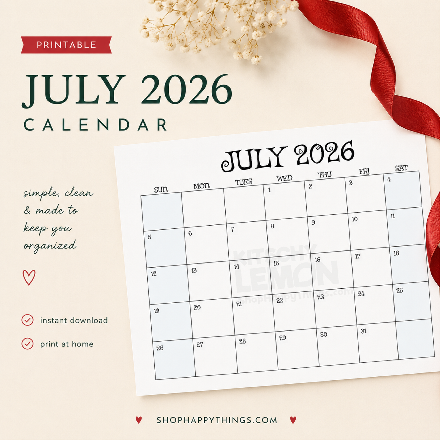 July 2026 Calendar (Printable PDF & PNG)