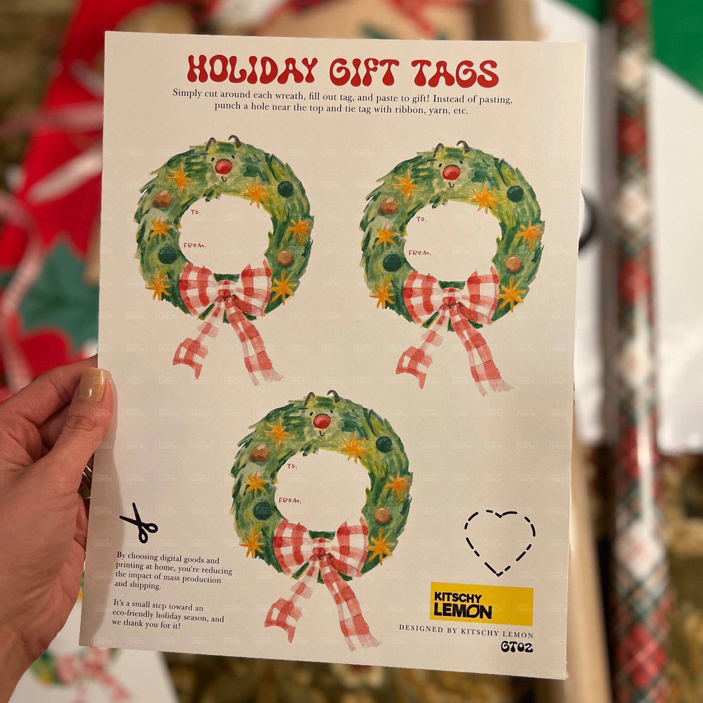 Printable Wreath with Gingham Bow Gift Tags (PDF & PNG)
