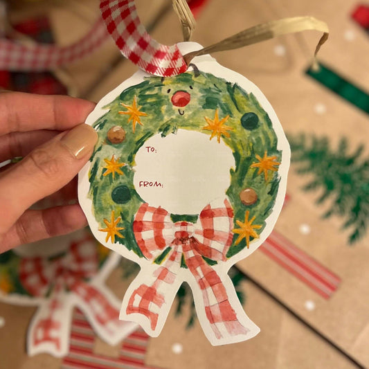 Printable Wreath with Gingham Bow Gift Tags (PDF & PNG)